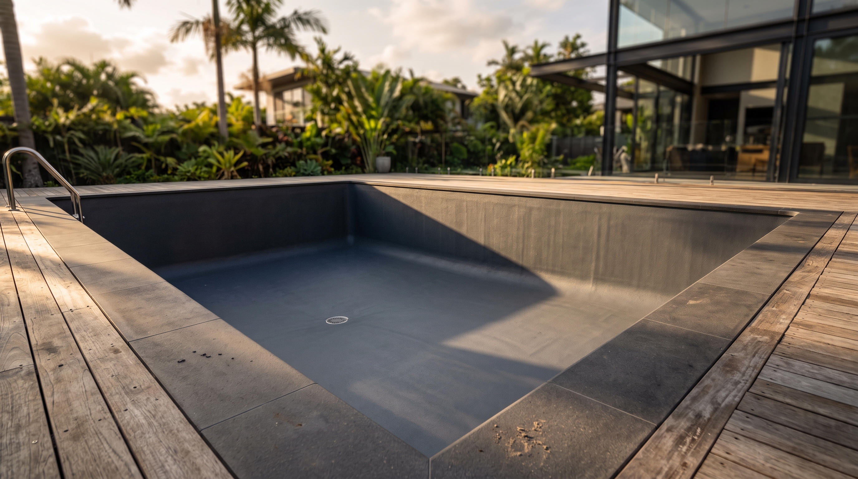 Piscina vazia com membrana de poliureia cinza-escuro, sem pastilha e sem rejunte