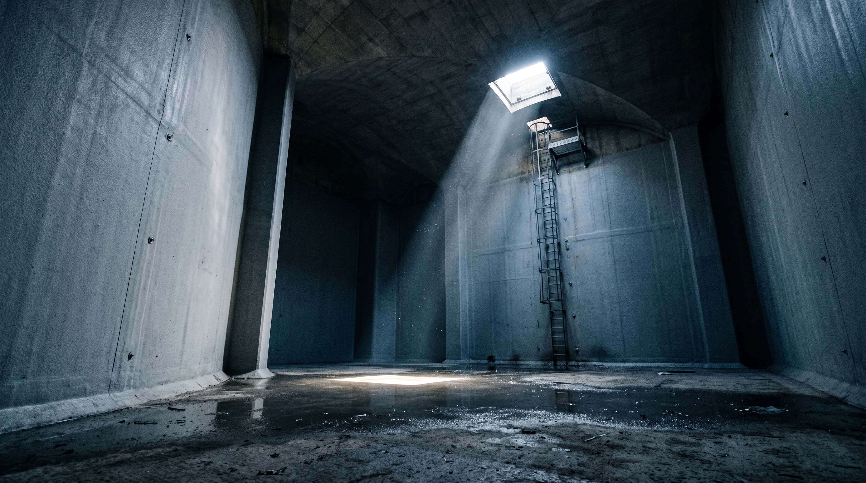 Interior de reservatório de concreto revestido, com luz entrando pelo alvação
